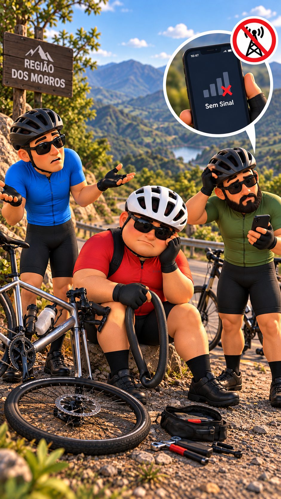 Três ciclistas parados numa estrada de morro, um deles mostrando o celular sem sinal