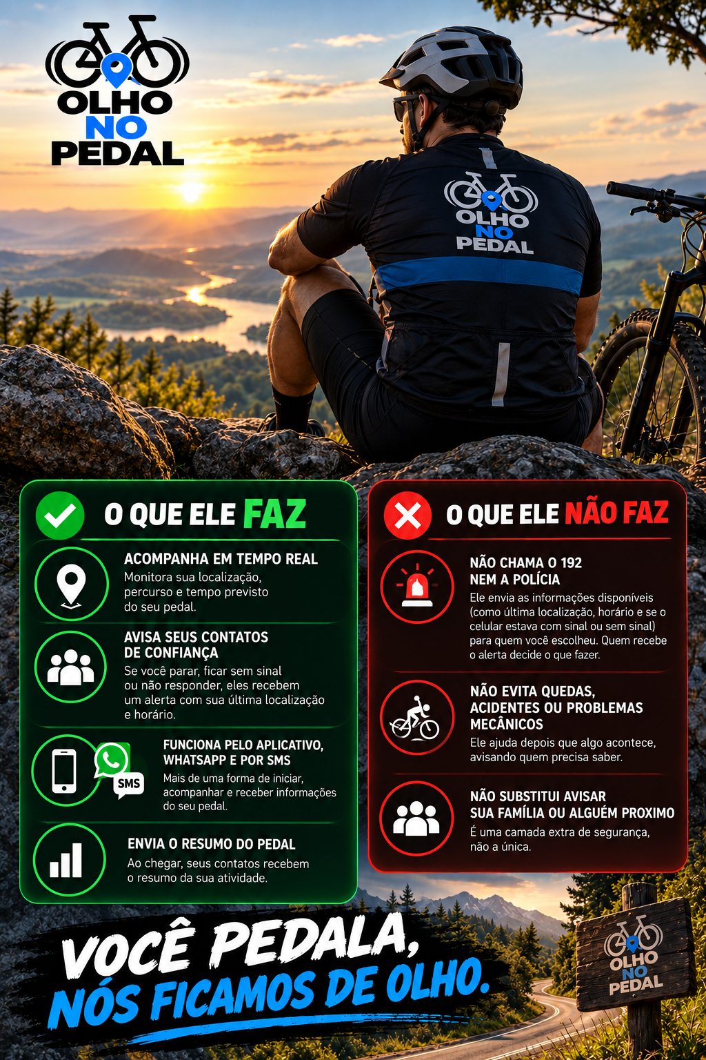 Peça do Olho no Pedal: o que ele faz e o que ele não faz, com o ciclista olhando o pôr do sol